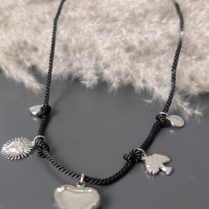 COLLIER FIL NOIR BRELOQUES SILVER