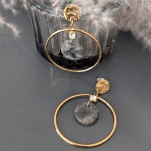 Créoles doré avec plaques rondes Noires et strass