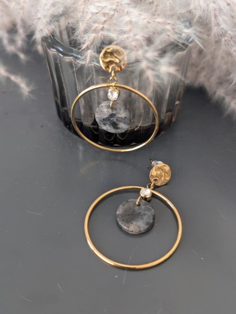 Boucles D'oreilles Clips Dorées Rondes Avec Strass Noirs - Style ORENA - Occasion