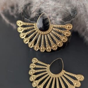 Boucles d'Oreilles Dorées Demi Fleur Goutte Noire